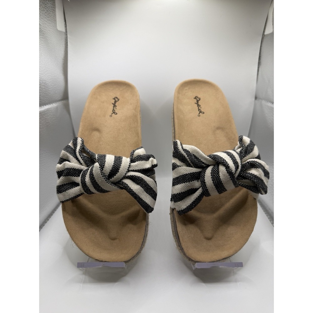Qupid  Women's Sandals Black Beige Bow Slip on Platform Haidy Size‎ 5.5